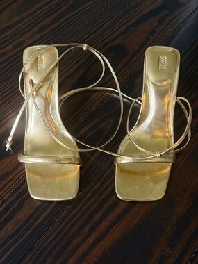 Zara Gold Strappy Square-Toe Women's Lace Up Kitten Heel Sandals
